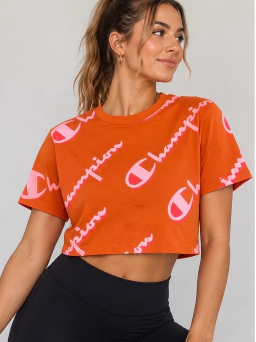 Champion Reverse Weave Orange Pink Logo Crop T-Shirt Size S